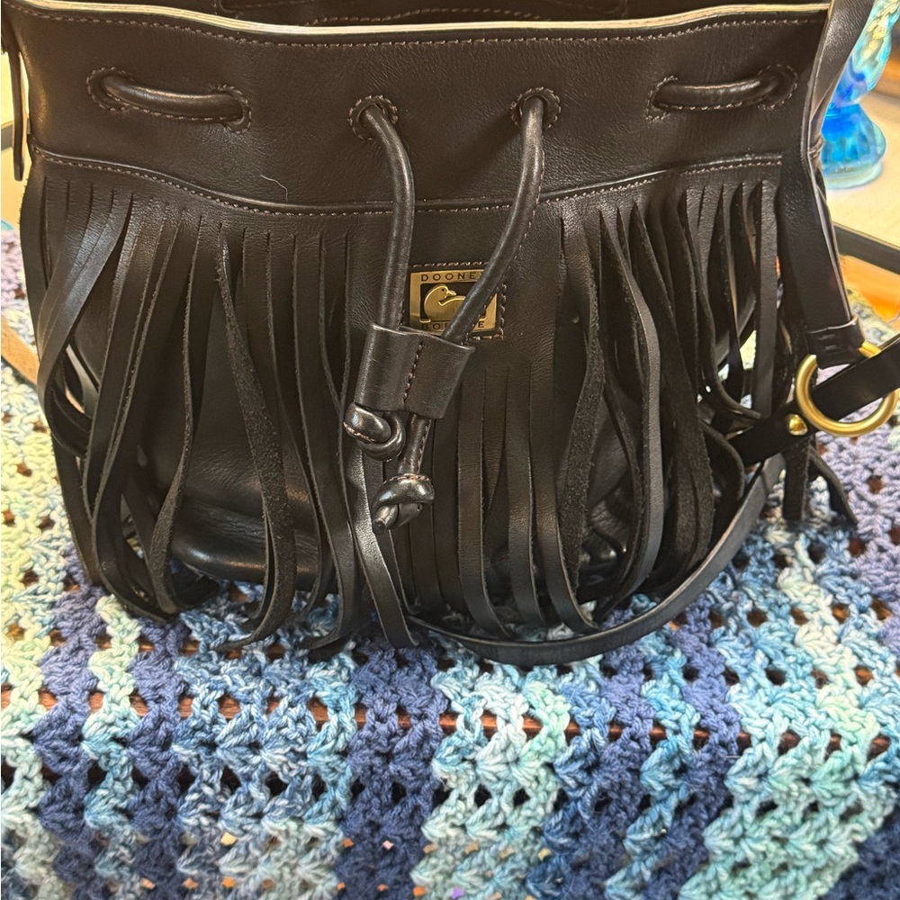 Dooney & Bourke Black Leather Fringe Drawstring Crossbody